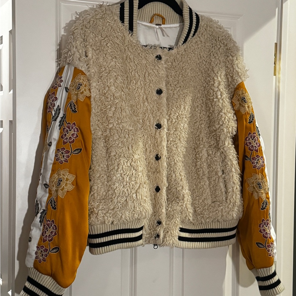 Free People Dandelion Furry Varsity Jacket